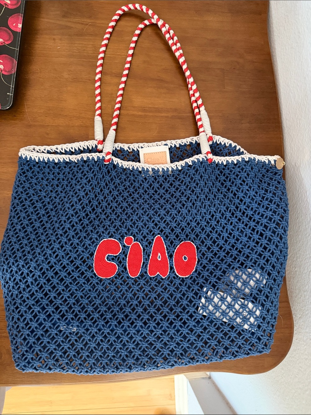 NWT-Clare V Blue Crochet Tote with Red 'Ciao' Applique